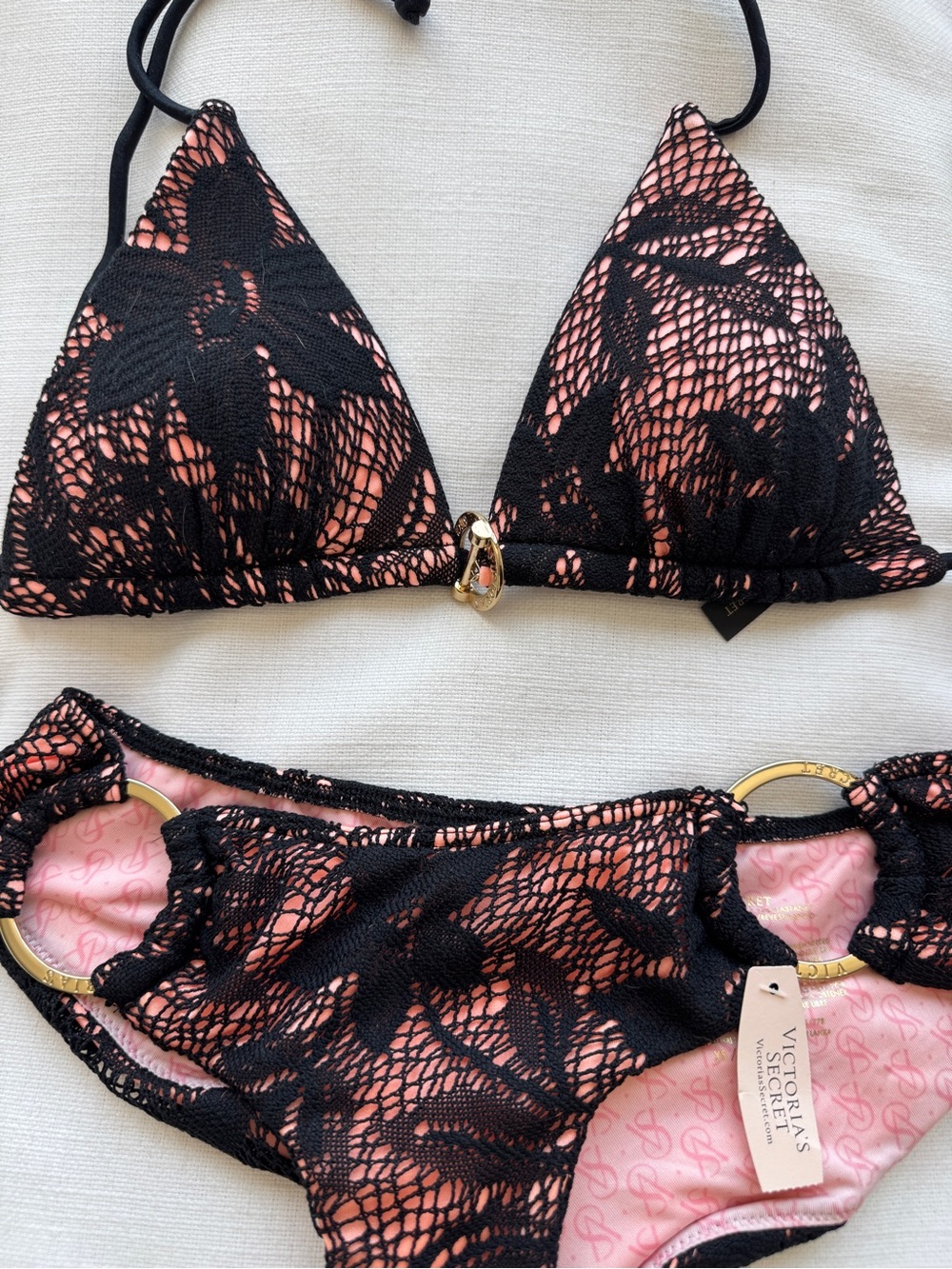 NEW Victoria’s Secret Black and pink Lace Overlay Pink Bikini swimsuit push up - Picture 2 of 4